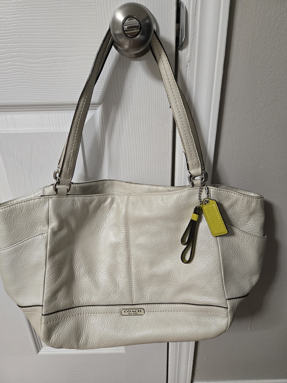 Coach Cream Pebbled Leather Tote with Yellow Accent Tag
